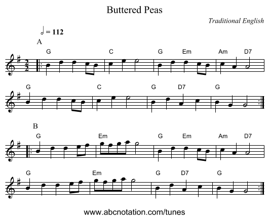 Buttered Peas - staff notation