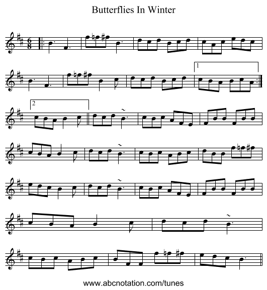 Butterflies In Winter - staff notation