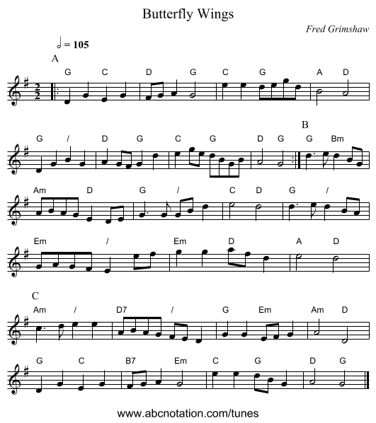Butterfly Wings - staff notation