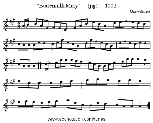 Buttermilk Mary (jig) 1002 - staff notation