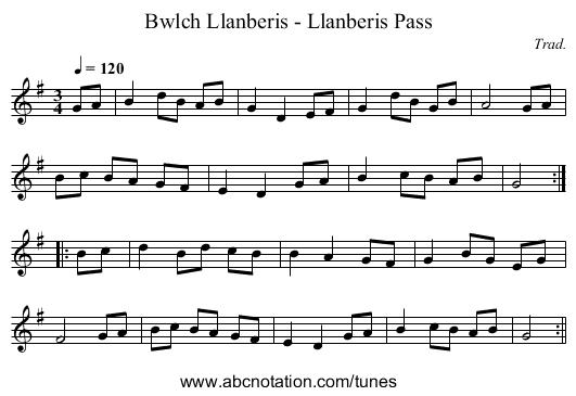 Bwlch Llanberis - Llanberis Pass - staff notation