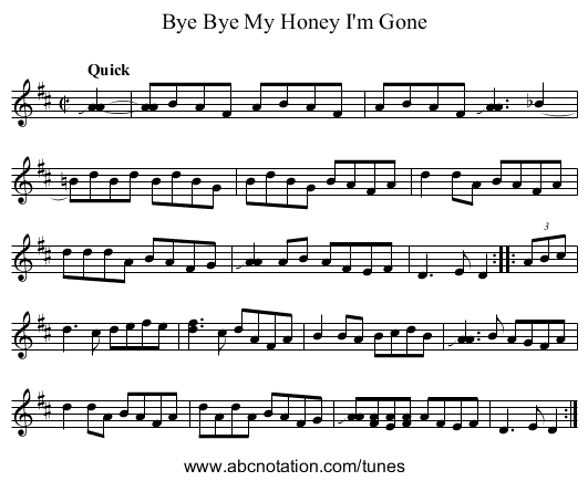 Bye Bye My Honey I'm Gone - staff notation