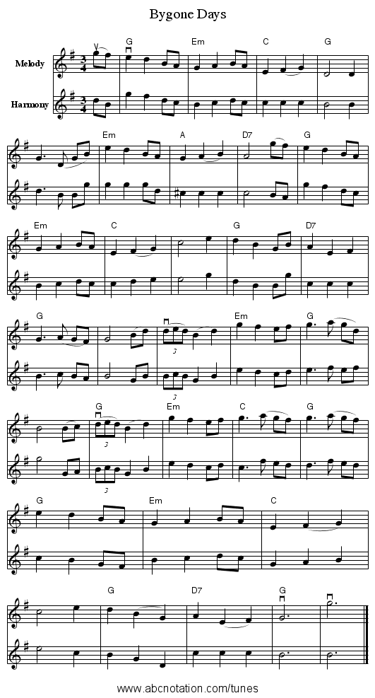 Bygone Days - staff notation