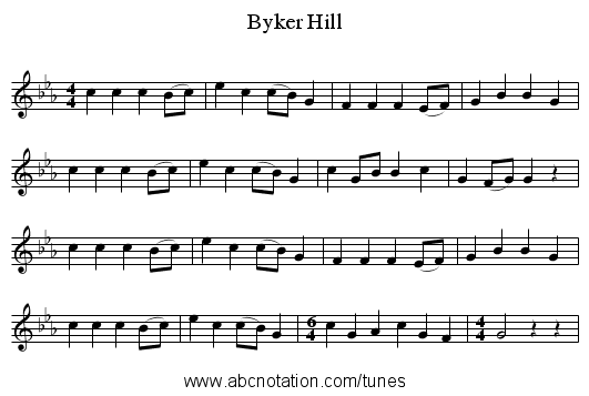 Byker Hill - staff notation