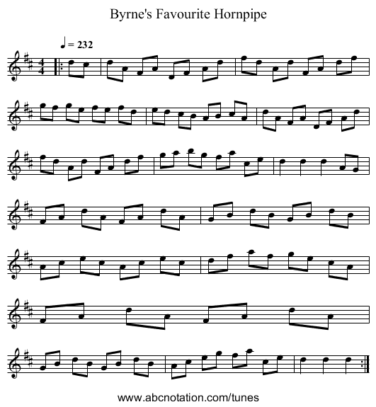 Byrne's Favourite Hornpipe - staff notation