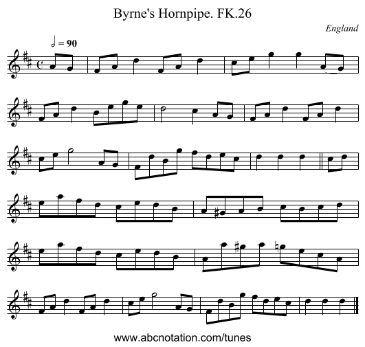 Byrne's Hornpipe. FK.26 - staff notation