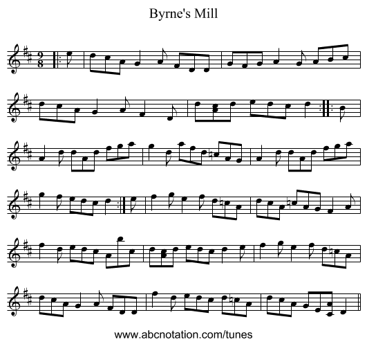 Byrne's Mill - staff notation