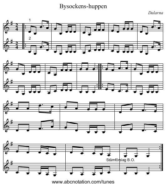 Bysockens-huppen - staff notation