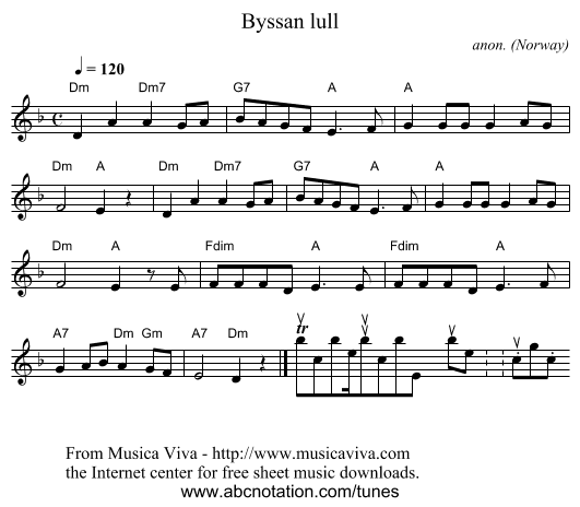 Byssan lull - staff notation
