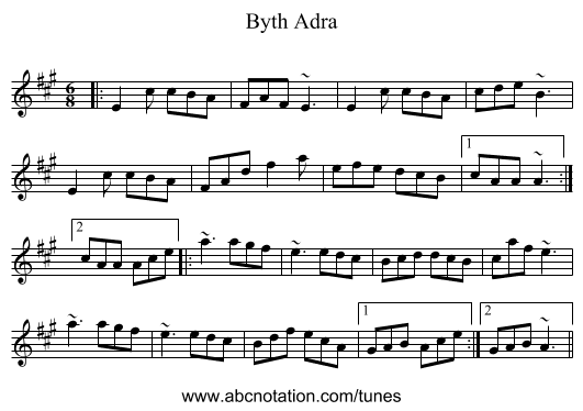 Byth Adra - staff notation