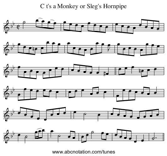 C t's a Monkey or Sleg's Hornpipe - staff notation