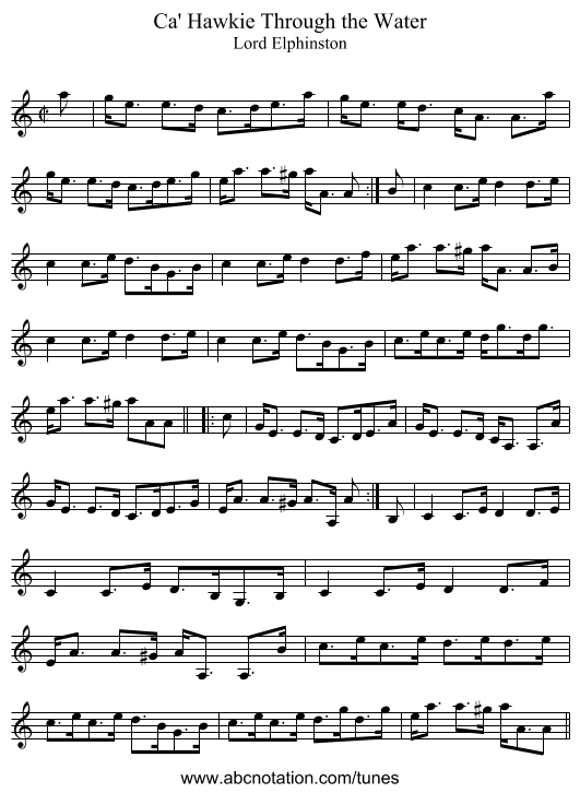 Ca' Hawkie Through the Water - staff notation