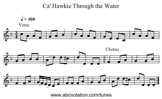 Ca' Hawkie Through the Water - staff notation