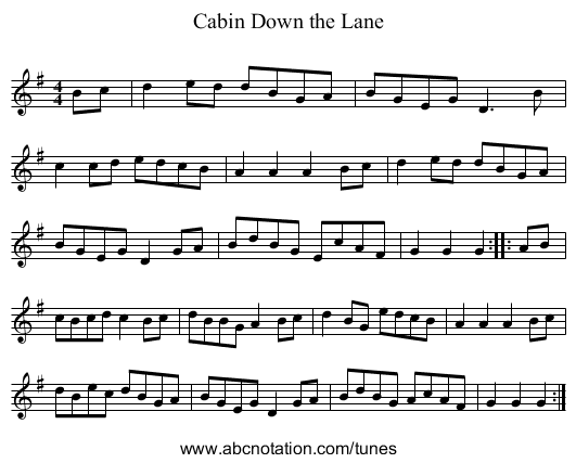 Cabin Down the Lane - staff notation