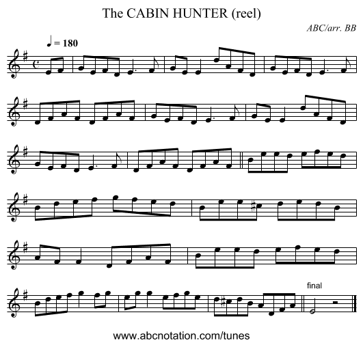 CABIN HUNTER (reel), The - staff notation