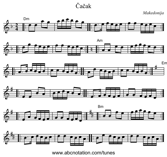 Čačak - staff notation