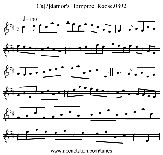 Ca[?]damor's Hornpipe. Roose.0892 - staff notation