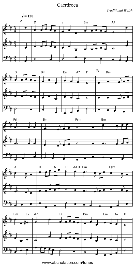 Caerdroea - staff notation