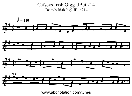 Cafseys Irish Gigg. JBut.214 - staff notation
