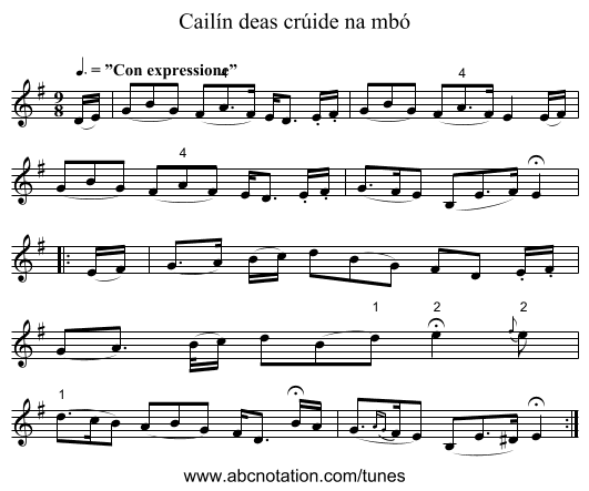Cailín deas crúide na mbó - staff notation
