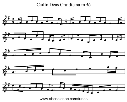 Cailín Deas Crúidte na mBó - staff notation