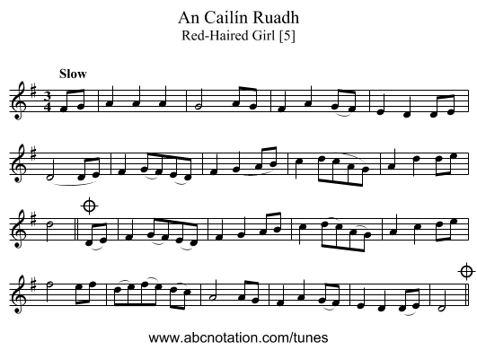 Cailín Ruadh, An - staff notation