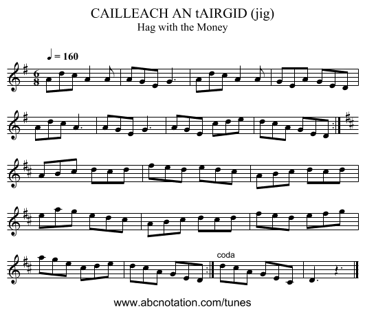 CAILLEACH AN tAIRGID (jig) - staff notation