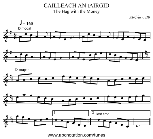 CAILLEACH AN tAIRGID - staff notation