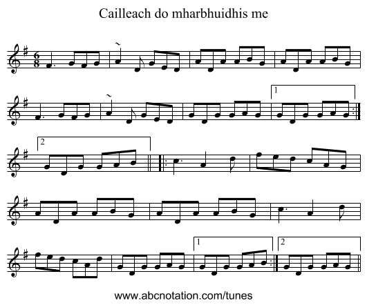 Cailleach do mharbhuidhis me - staff notation
