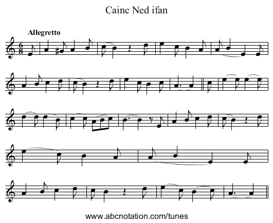 Cainc Ned ifan - staff notation