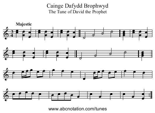 Cainge Dafydd Brophwyd - staff notation
