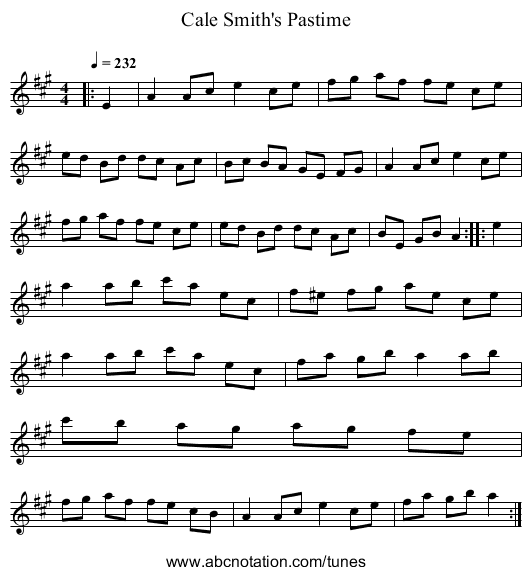 Cale Smith's Pastime - staff notation