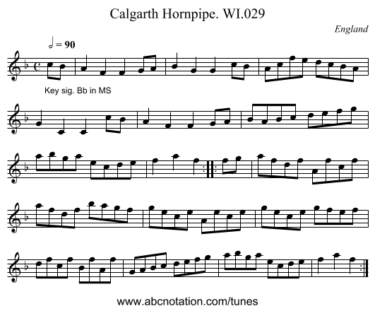 Calgarth Hornpipe. WI.029 - staff notation