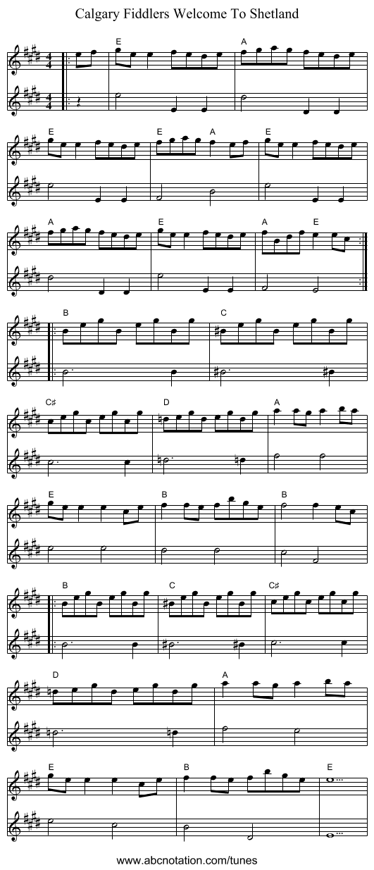 Calgary Fiddlers Welcome To Shetland - staff notation