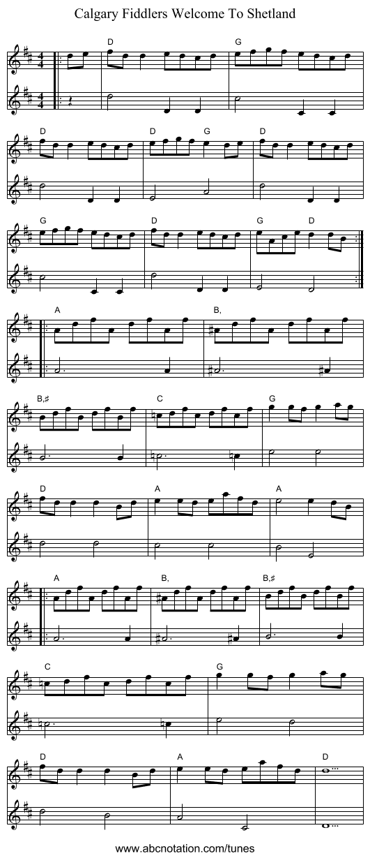 Calgary Fiddlers Welcome To Shetland - staff notation