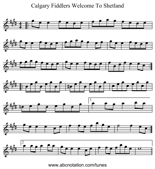 Calgary Fiddlers Welcome To Shetland - staff notation
