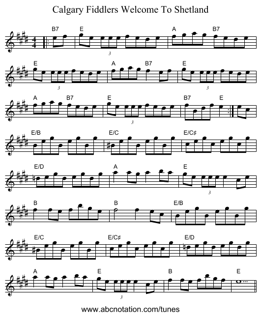 Calgary Fiddlers Welcome To Shetland - staff notation