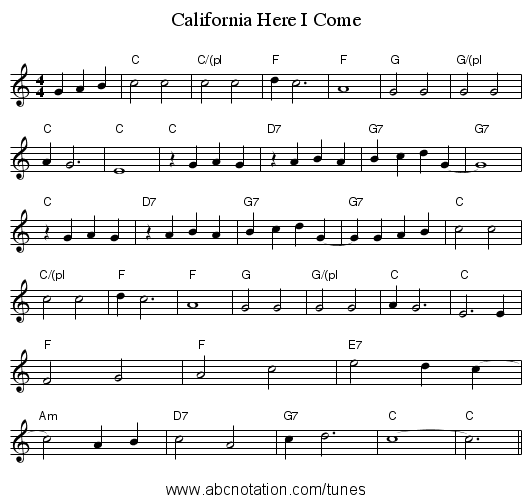 California Here I Come - staff notation