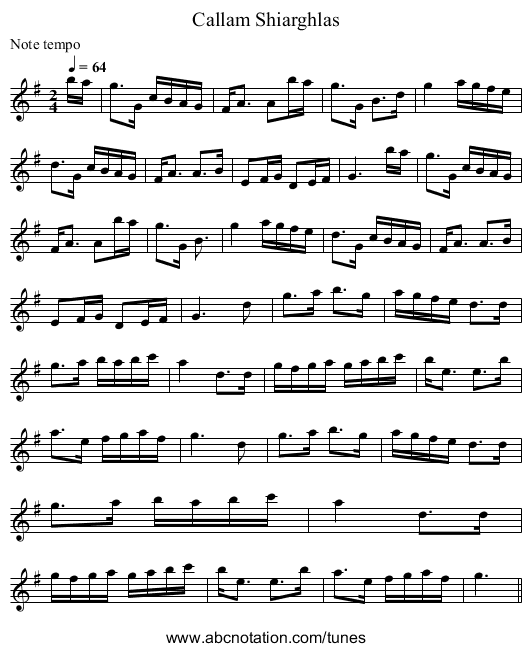 Callam Shiarghlas - staff notation