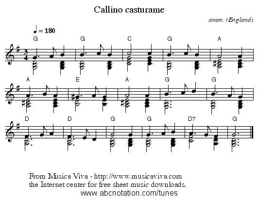 Callino casturame - staff notation