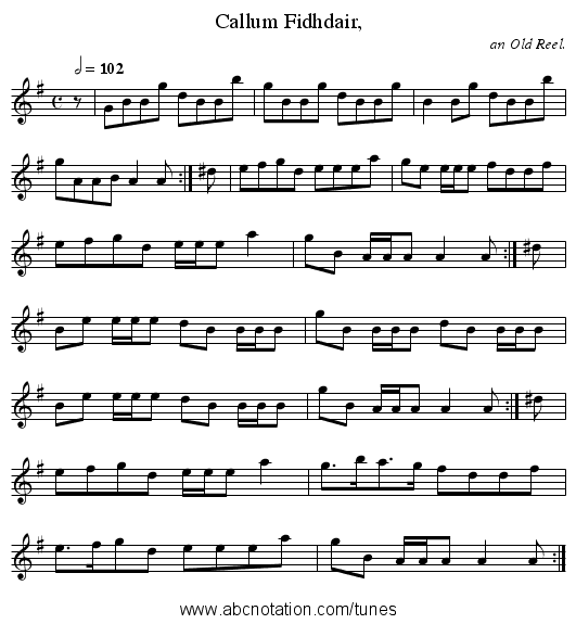 Callum Fidhdair, - staff notation