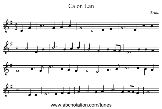 Calon Lan - staff notation