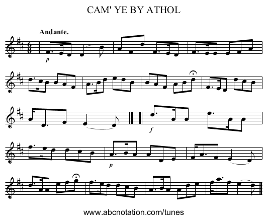CAM' YE BY ATHOL - staff notation
