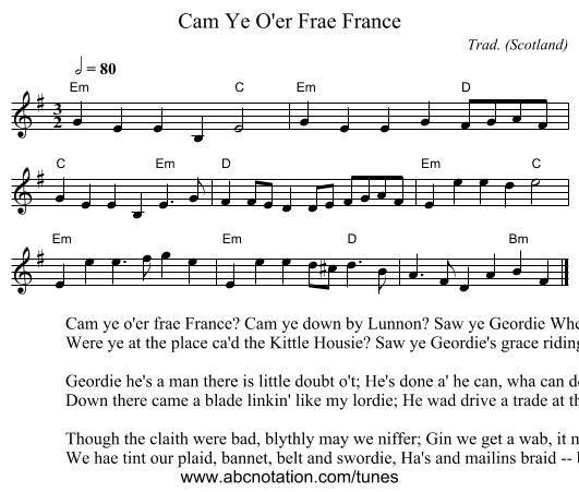 Cam Ye O'er Frae France - staff notation