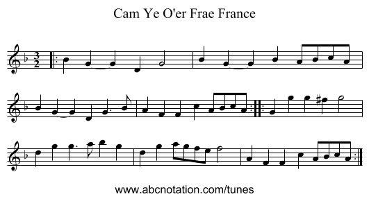 Cam Ye O'er Frae France - staff notation