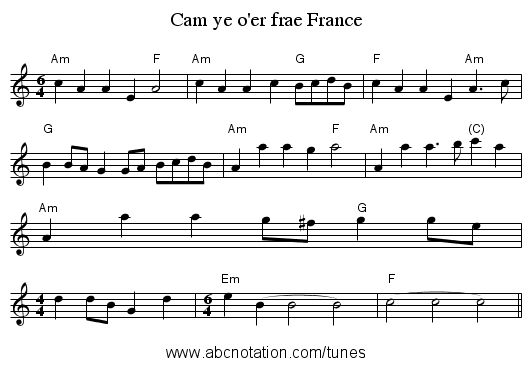 Cam ye o'er frae France - staff notation