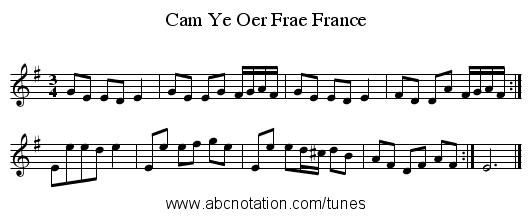 Cam Ye Oer Frae France - staff notation
