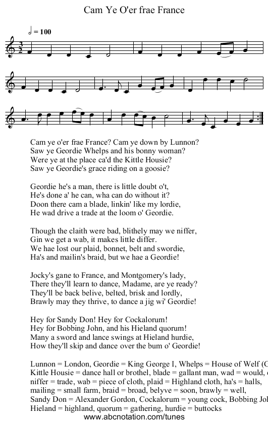 Cam Ye O'er frae France - staff notation