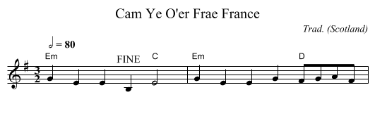 Cam Ye O'er Frae France - staff notation