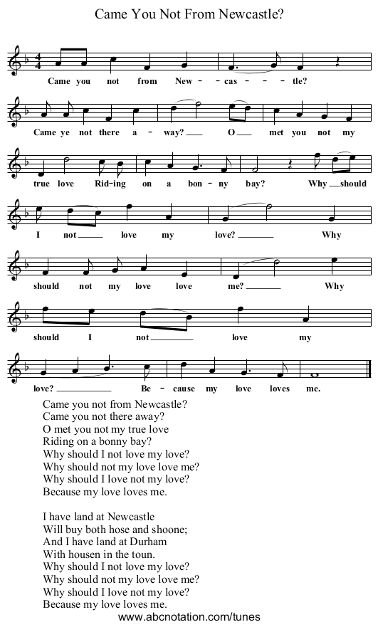 Came You Not From Newcastle? - staff notation